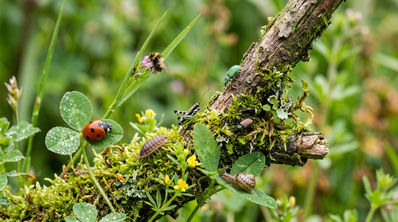 Ladybug, beetles, snail, grasshopper, and bee on mossy branch and leaves